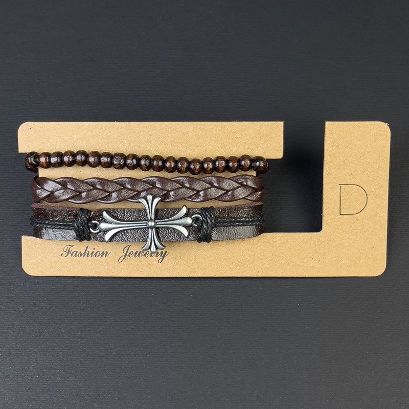 Triple Eco-Leather Bracelet with Cross Insert, adjustable drawstring, 18-24cm length, brown