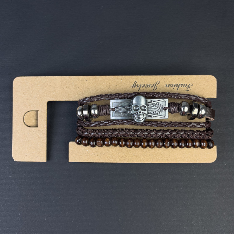 Triple Eco-Leather Bracelet with Skull Insert, adjustable drawstring, 18-24cm length, brown