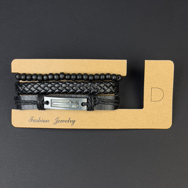 Triple Eco-Leather Bracelet with Cross Insert, Adjustable Drawstring, 18-24cm Length, Black