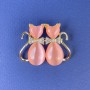 Cat Brooch pink Cat's Eye white rhinestones golden metal, diameter 31x38mm +