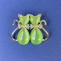 Cats Brooch Green Cat's Eye White Rhinestones Gold-Tone Metal, Diameter 31x38mm+