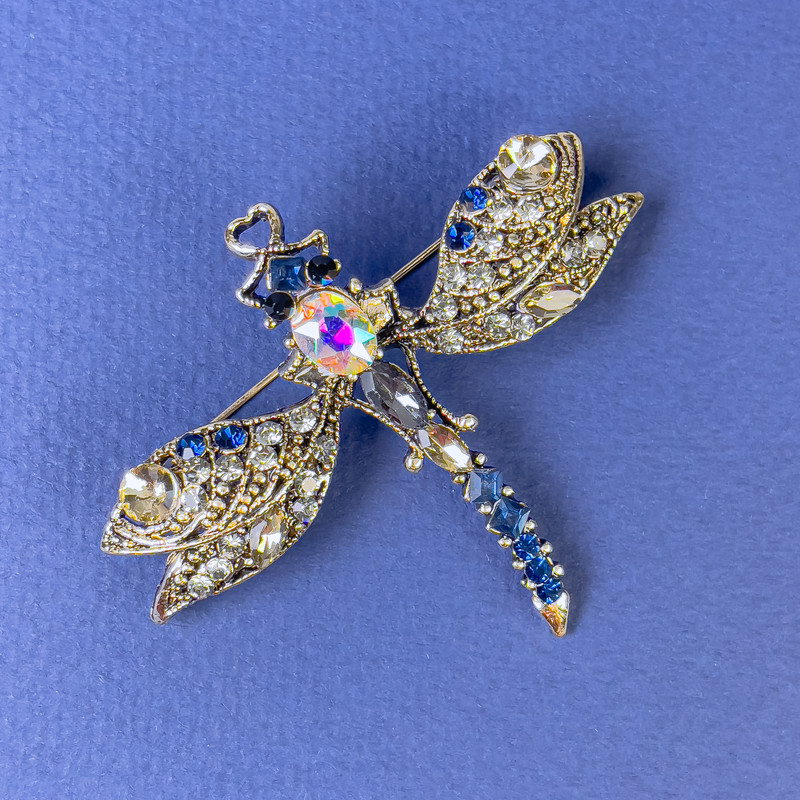 Sale! Dragonfly Brooch Rhinestones Bronze Gold-Tone Metal, 57x47mm diameter +