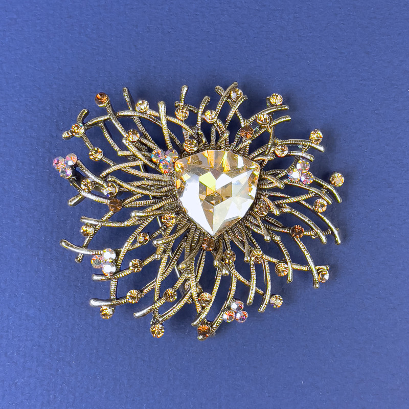 Clearance! 'Accent' Brooch, Yellow Rhinestones and Yellow Crystal, Bronze Gold-Tone Metal, 55mm+ Diameter