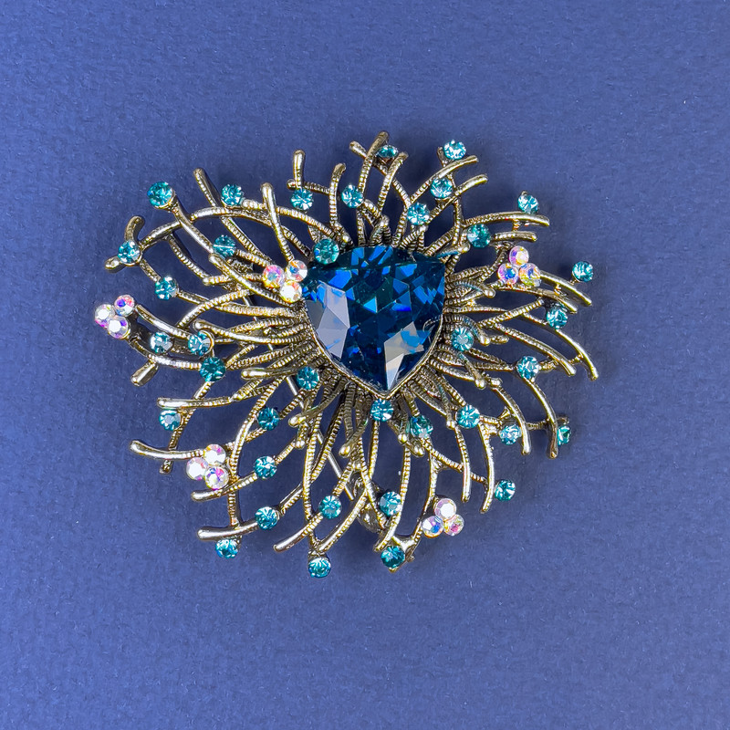 Accent Brooch with Light Blue Rhinestones and Blue Crystal, Bronze-Gold Metal, 55mm Diameter +