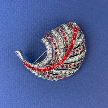 Sale! Feather Brooch White and Red Rhinestones Dark Silver-Tone Metal, Diameter 47x34mm+