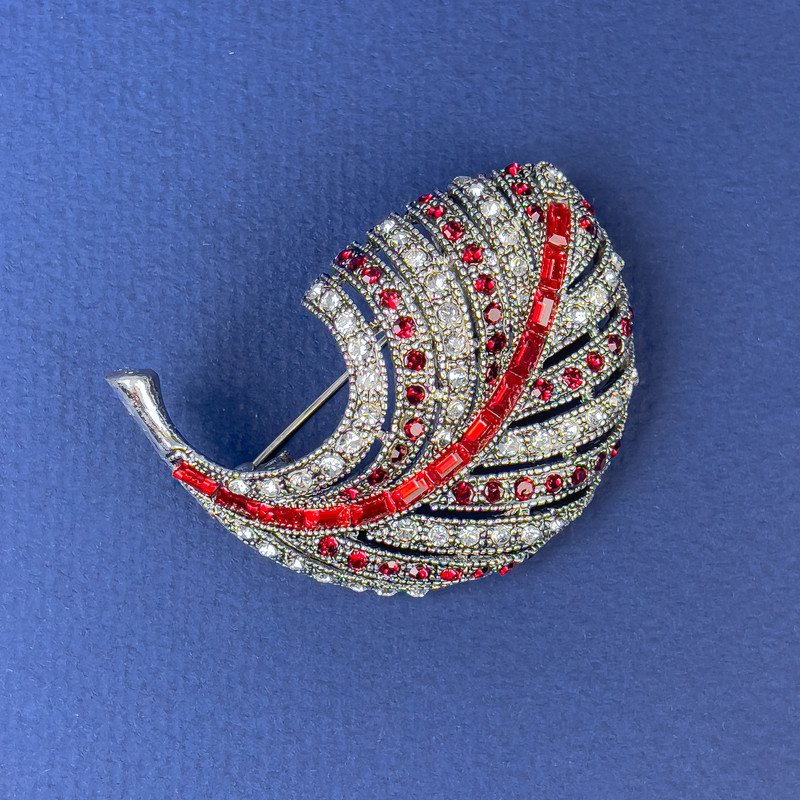 Sale! Feather Brooch White and Red Rhinestones Dark Silver-Tone Metal, Diameter 47x34mm+