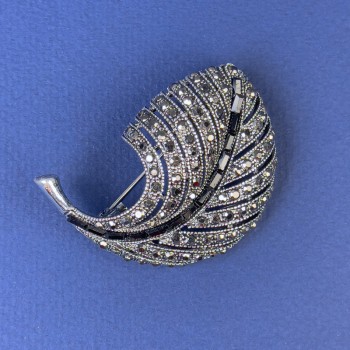 Sale! Feather Brooch Grey and Black Rhinestones Dark Silver-Tone Metal, Diameter 47x34mm+