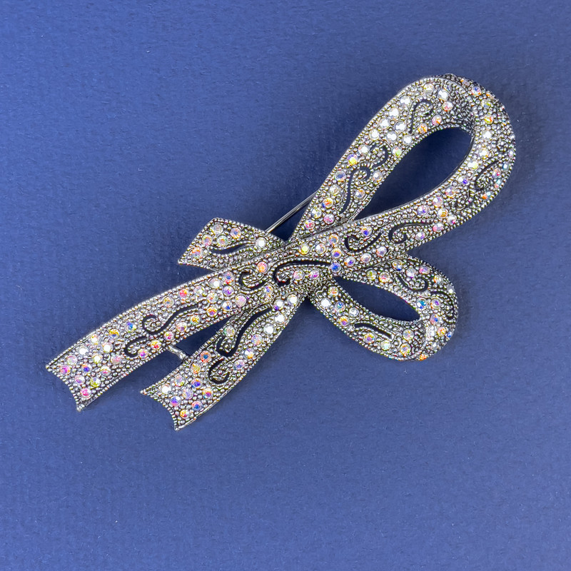 Sale! Bow Brooch rainbow rhinestones dark silver metal, diameter 78x40mm +