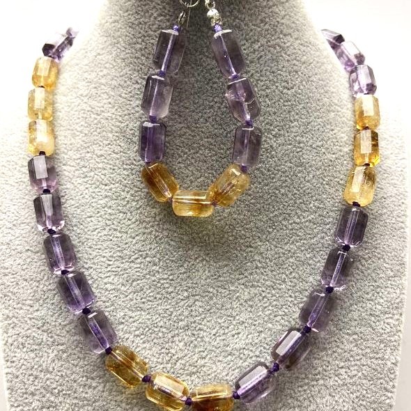 Necklace and Bracelet Set, Citrine Amethyst, Faceted Cylinder 12x8mm+/-, on Thread