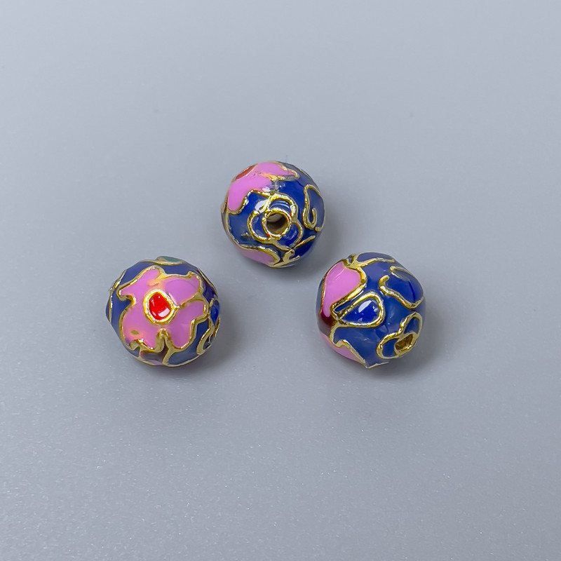 Cloisonné Bead Finding, Lilac Blue Green Enamel, Diameter 10mm +/- Hole Diameter 2mm, Gold-Tone Metal, 1pc