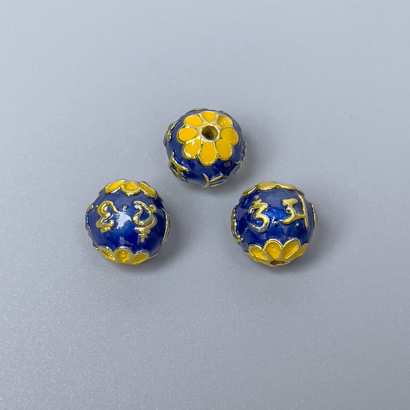 Finding Cloisonné bead blue yellow enamel, diameter 10mm +/- hole, diameter 1.5mm gold-coloured metal, 1 pc