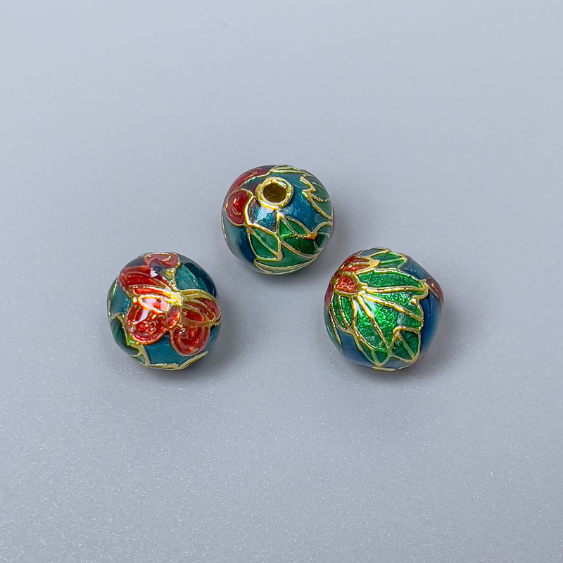 Finding Cloisonné bead turquoise red green enamel, diameter 10x9mm +/- hole, diameter 1.8mm gold-coloured metal, 1 pc