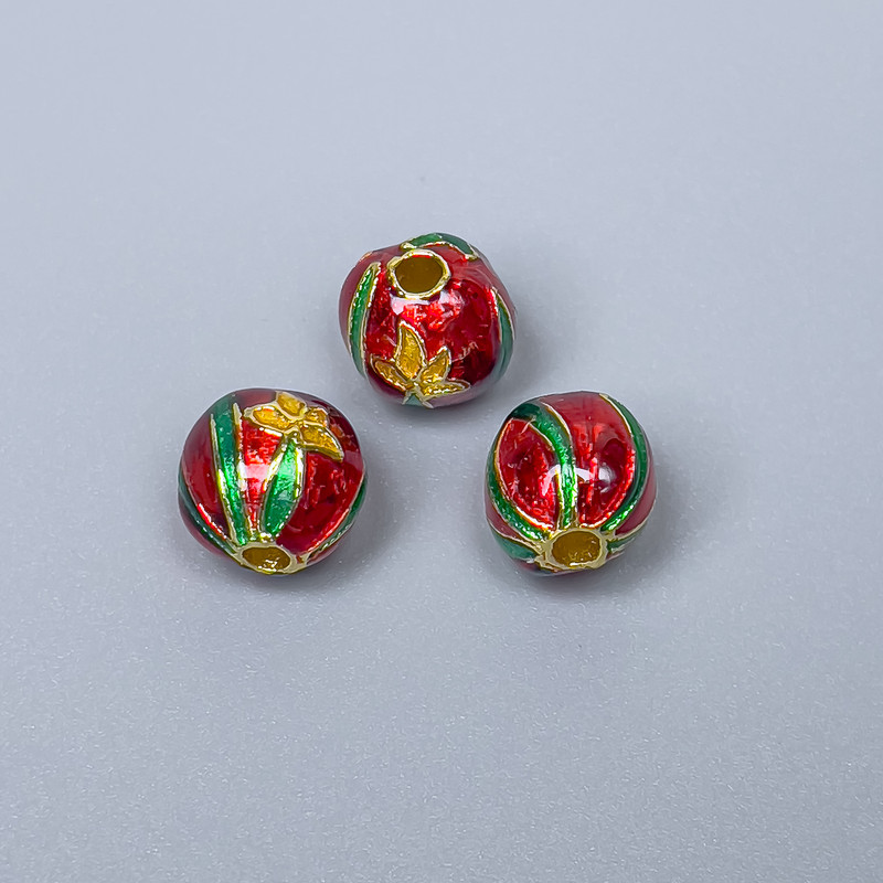 Finding Cloisonné bead red green yellow enamel, diameter 9x9.5mm +/- hole, diameter 2.1mm gold-coloured metal, 1 pc