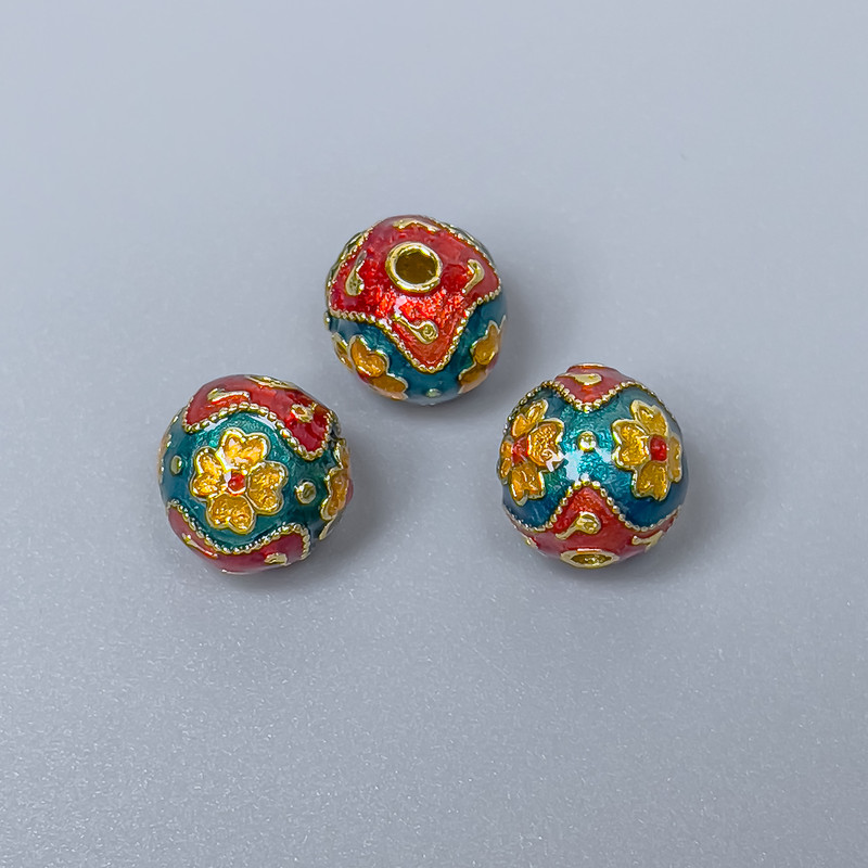 Cloisonné Bead Finding, Turquoise Red Yellow Enamel, Diameter 10mm+/- Hole Diameter 2mm Gold-Coloured Metal, 1 pc