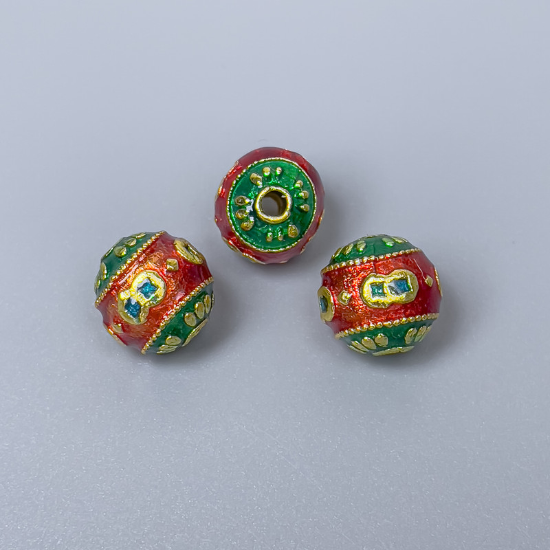 Cloisonné Bead Finding, Red Green Enamel, Diameter 10mm +/- Hole Diameter 2mm, Gold-Coloured Metal, 1 pc