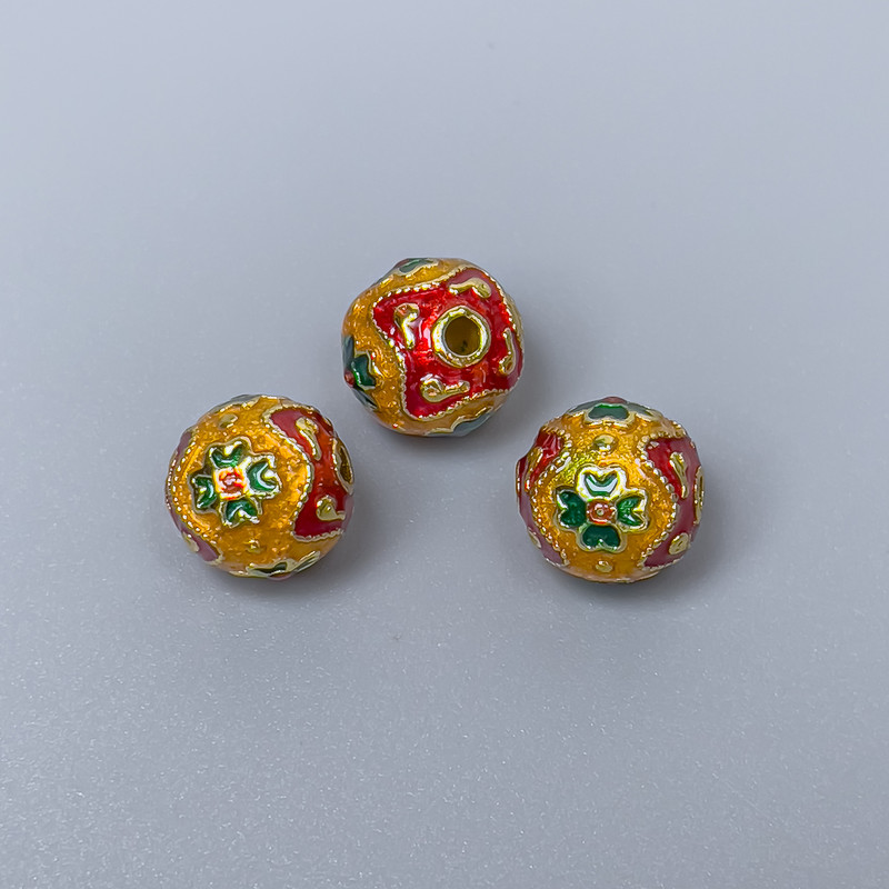 Cloisonné Bead Finding, Yellow Red Green Enamel, Diameter 10mm+/- Hole Diameter 2mm Gold-Coloured Metal, 1 pc