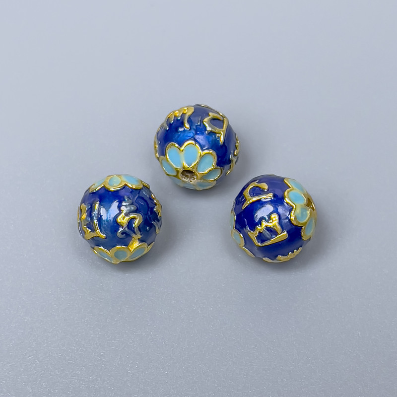 Finding Cloisonné bead blue sky-blue enamel, diameter 10mm +/- hole, diameter 1.5mm gold-coloured metal, 1 pc