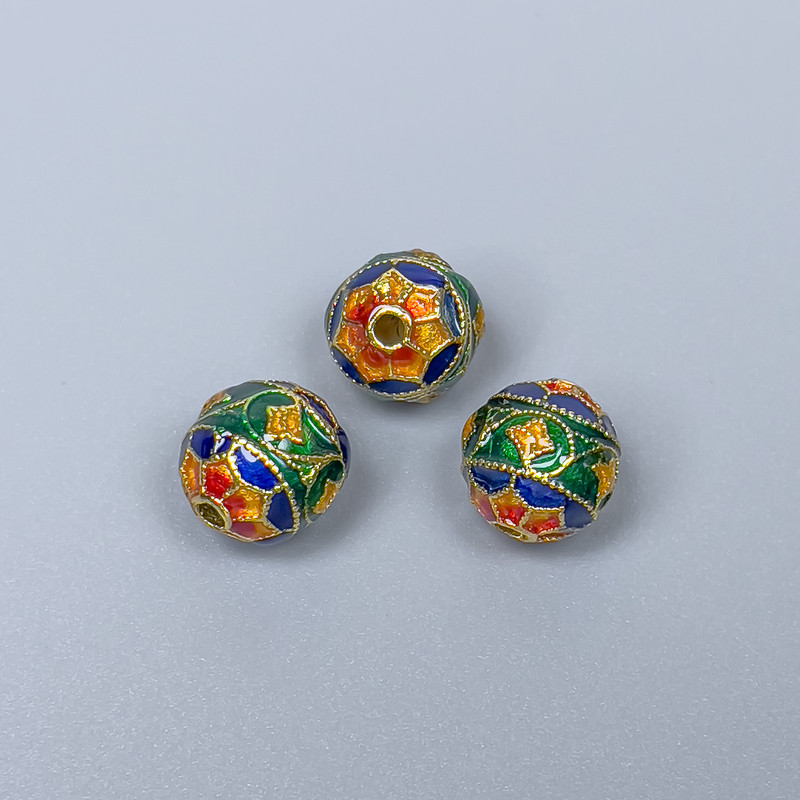 Cloisonné Bead Finding, Red Green Blue Yellow Enamel, 9mm+/- Diameter, 1.5mm Hole Diameter, Gold-Tone Metal Colour, 1pc