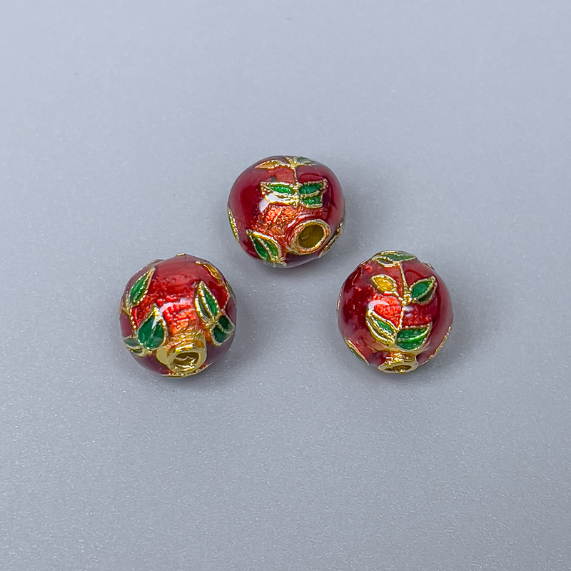 Cloisonné Bead Finding, Red Green Enamel, Diameter 9mm+- Hole, Diameter 2mm Gold-Tone Metal, 1 pc