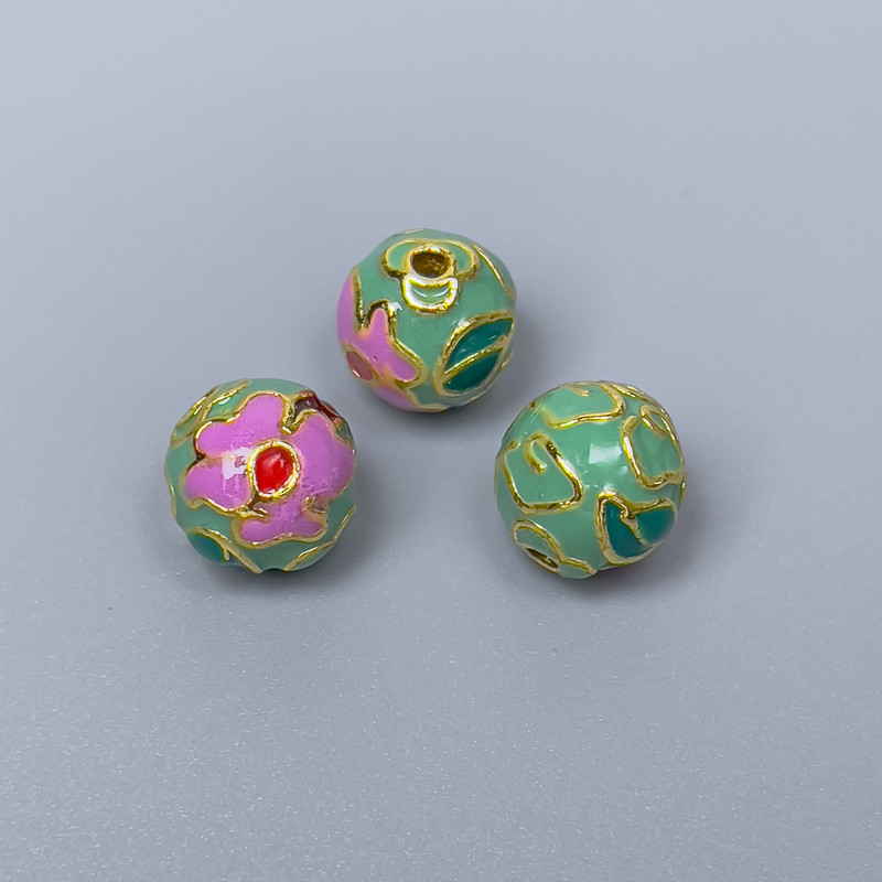 Cloisonné Bead Finding, Lilac Light Green Enamel, Diameter 10mm +/- Hole Diameter 2mm, Gold-Tone Metal, 1pc