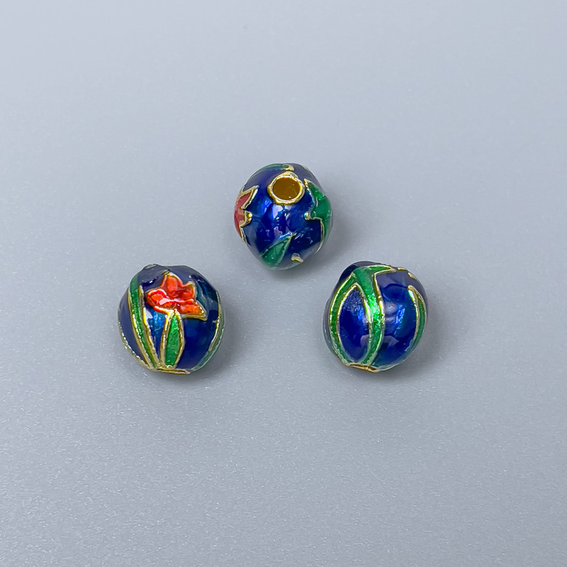 Finding Cloisonné bead blue red green enamel, diameter 9x9.5mm +/- hole, diameter 2.1mm gold-coloured metal, 1 pc