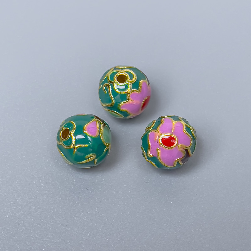 Cloisonné Bead Finding, Lilac Green Enamel, Diameter 10mm +/- Hole Diameter 2mm, Gold-Tone Metal, 1pc