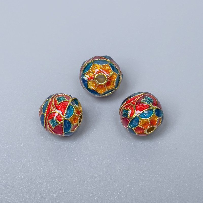 Cloisonné Bead Finding, Turquoise Red Enamel, 10mm+/- Diameter, 1.5mm Hole Diameter, Gold-Tone Metal Colour, 1pc