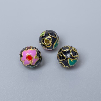 Cloisonné Bead Finding, Black Lilac Green Enamel, Diameter 10mm+/- Hole, Diameter 2mm, Gold-Coloured Metal, 1pc