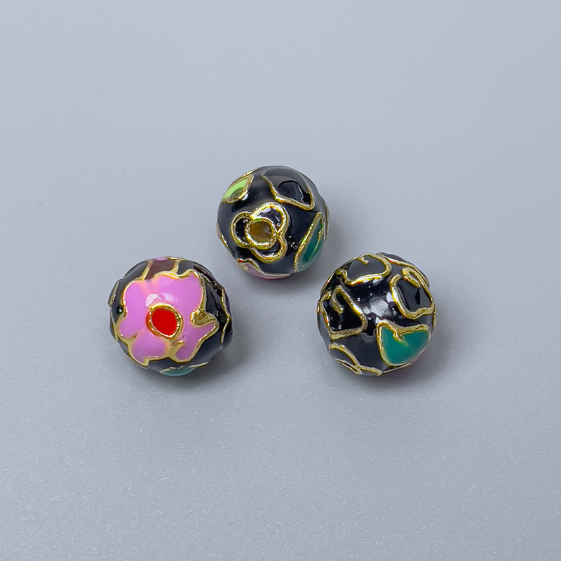 Cloisonné Bead Finding, Black Lilac Green Enamel, Diameter 10mm+/- Hole, Diameter 2mm, Gold-Coloured Metal, 1pc