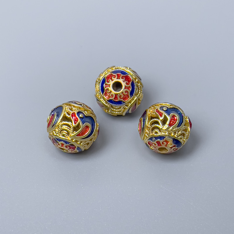Cloisonné Bead Finding, Blue Red Enamel, 10mm+/- Diameter, 1.8mm Hole Diameter, Gold-Tone Metal Colour, 1pc
