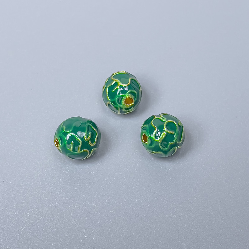 Cloisonné Bead Finding, Green Enamel, Diameter 8mm +/- Hole Diameter 1.5mm, Gold-Tone Metal, 1pc