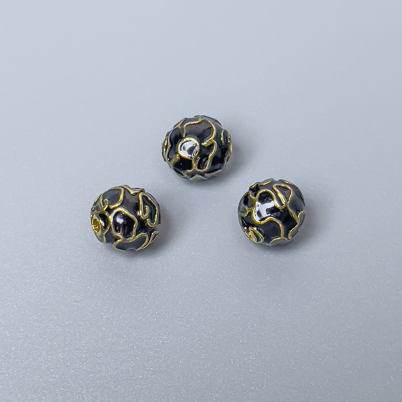 Cloisonné Bead Finding, Black Enamel, Diameter 8mm +/- Hole Diameter 1.5mm, Gold-Tone Metal, 1pc