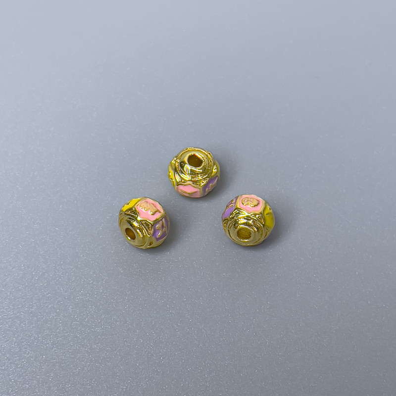 Finding Cloisonné bead rondelle pink yellow lilac enamel, diameter 6x5mm +/- hole, diameter 1mm gold-coloured metal, 1 pc