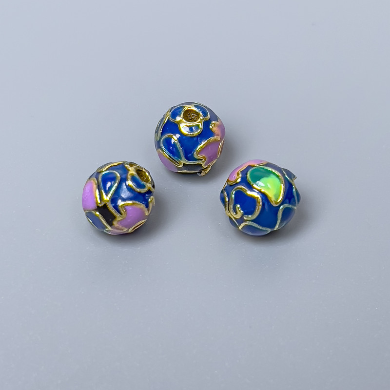 Cloisonné Bead Finding, Blue Lilac Green Enamel, Diameter 8mm +/- Hole Diameter 1.5mm, Gold-Tone Metal, 1pc