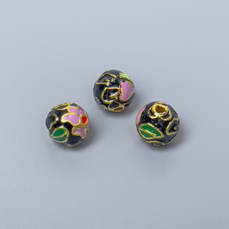 Cloisonné Bead Finding, Black Lilac Green Enamel, Diameter 8mm +/- Hole Diameter 1.5mm, Gold-Tone Metal, 1pc