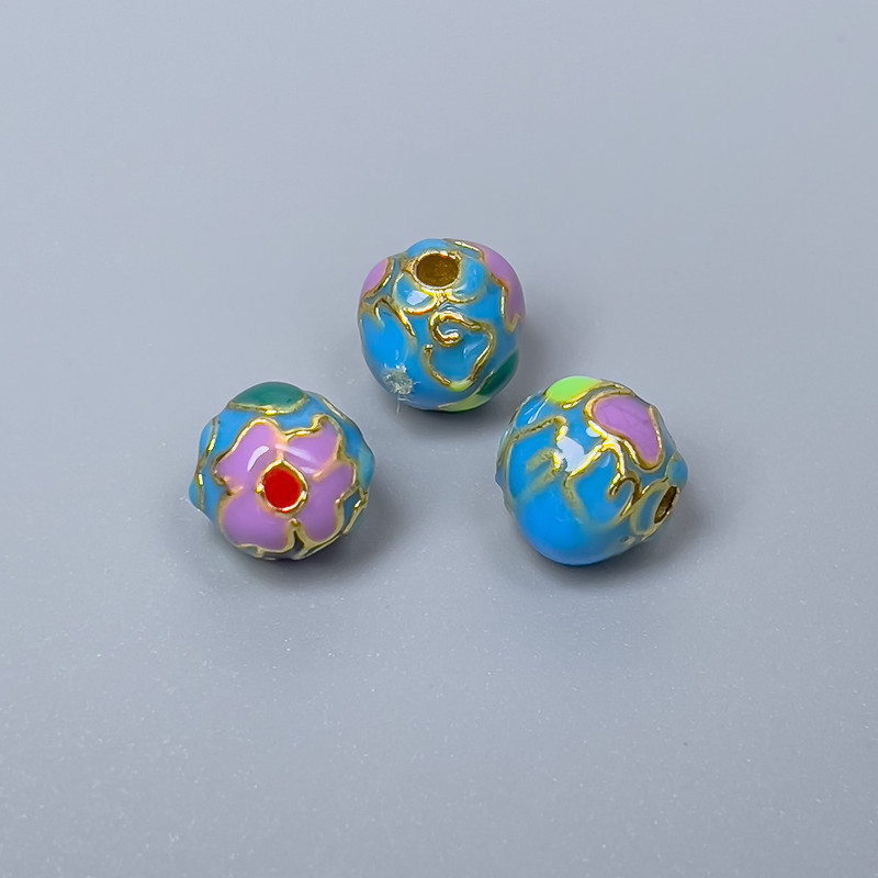 Cloisonné Bead Finding, Lilac Sky Blue Green Red Enamel, Diameter 8mm +/- Hole Diameter 1.5mm, Gold-Tone Metal, 1pc