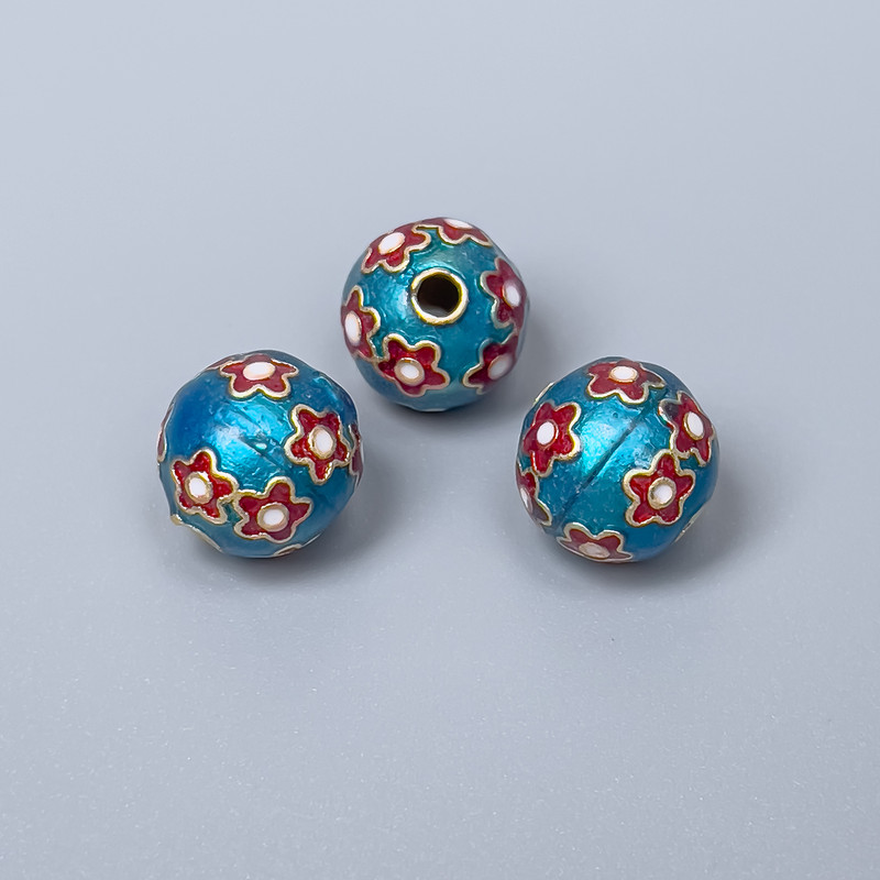 Cloisonné Bead Finding, Light Blue Red Enamel, 10mm+/- Diameter, 2mm Hole Diameter, Gold-Tone Metal Colour, 1pc