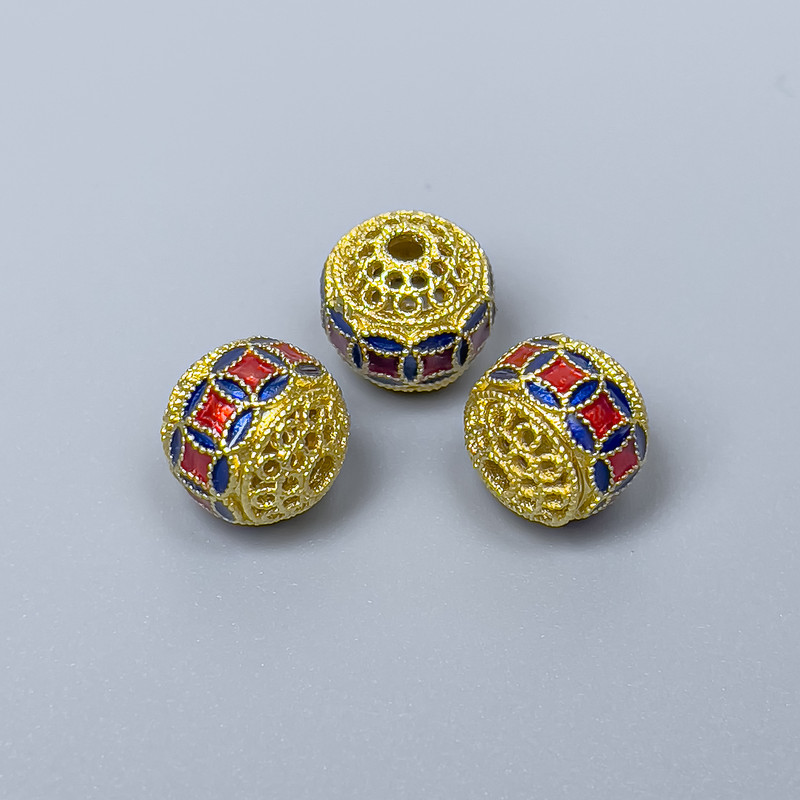 Cloisonné Bead Finding, Red Blue Enamel, Diameter 10mm+/- Hole, Diameter 2mm, Gold-Coloured Metal, 1pc