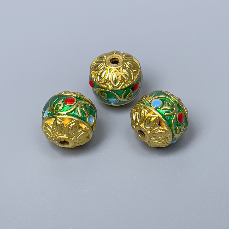Cloisonné Bead Finding, Green Red Light Blue Enamel, 11mm+/- Diameter, 1.8mm Hole Diameter, Gold-Tone Metal Colour, 1pc