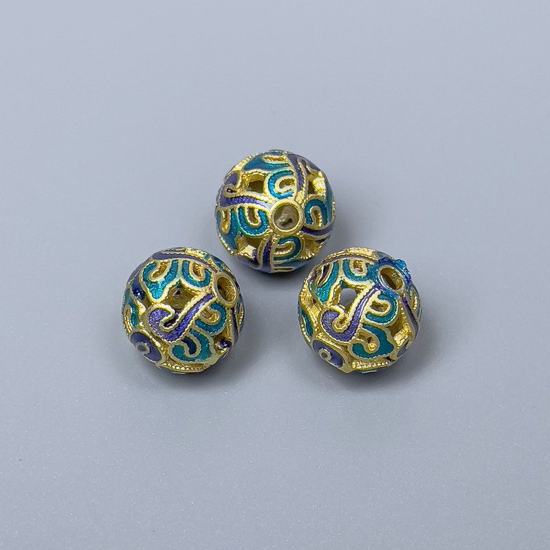 Cloisonné Bead Finding, Blue Turquoise Enamel, 10mm+/- Diameter, 2mm Hole Diameter, Matte Gold-Tone Metal Colour, 1pc