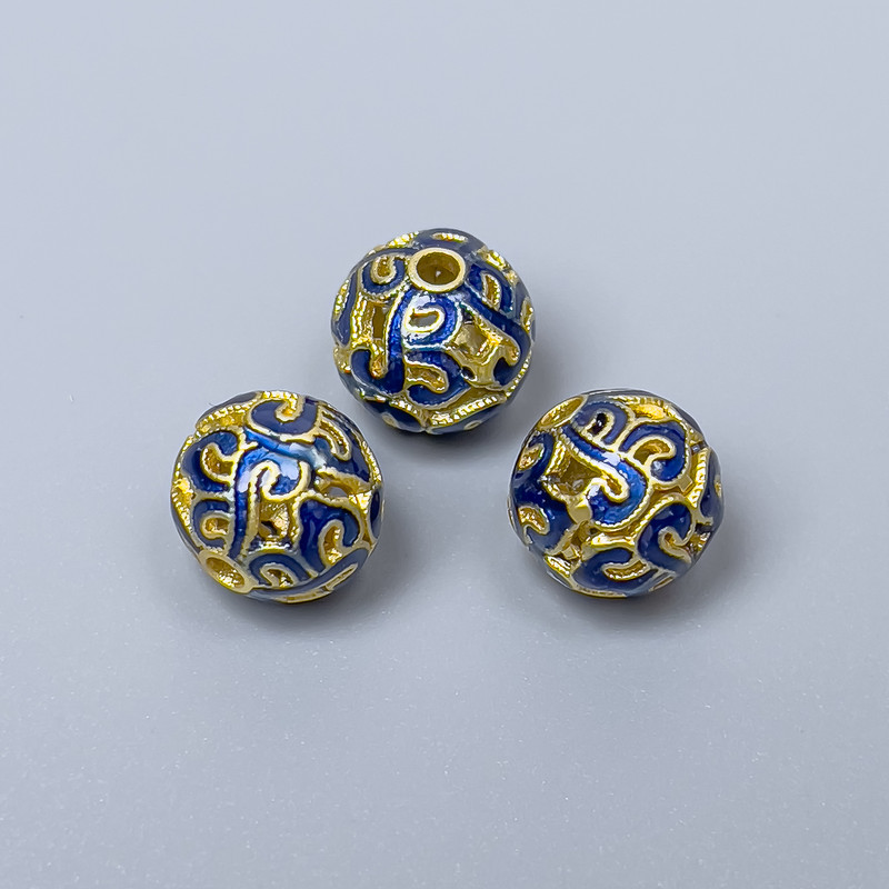 Cloisonné Bead Finding, Blue Enamel, 10mm+/- Diameter, 2mm Hole Diameter, Gold-Tone Metal Colour, 1pc