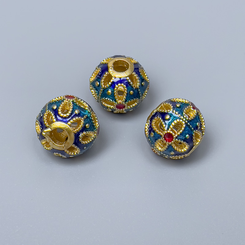Findings Cloisonné Bead 'Pandora' Blue Turquoise Red Enamel, Diameter 11mm +/- Hole Diameter 3mm, Gold-Coloured Metal, 1 pc