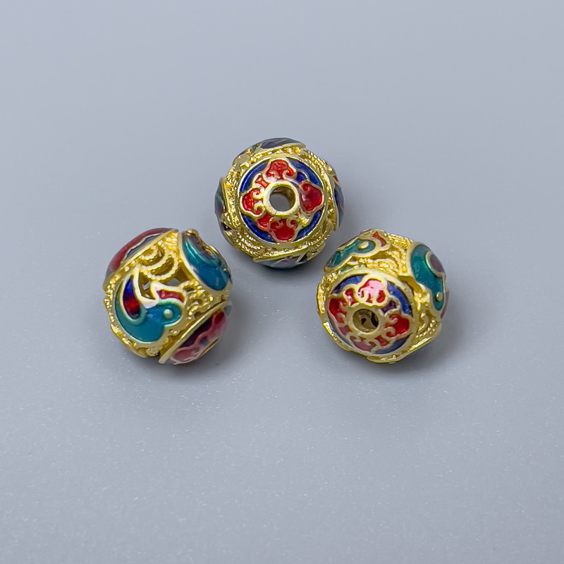 Cloisonné Bead Finding, Turquoise Red Blue Enamel, 10mm+/- Diameter, 1.8mm Hole Diameter, Gold-Tone Metal Colour, 1pc