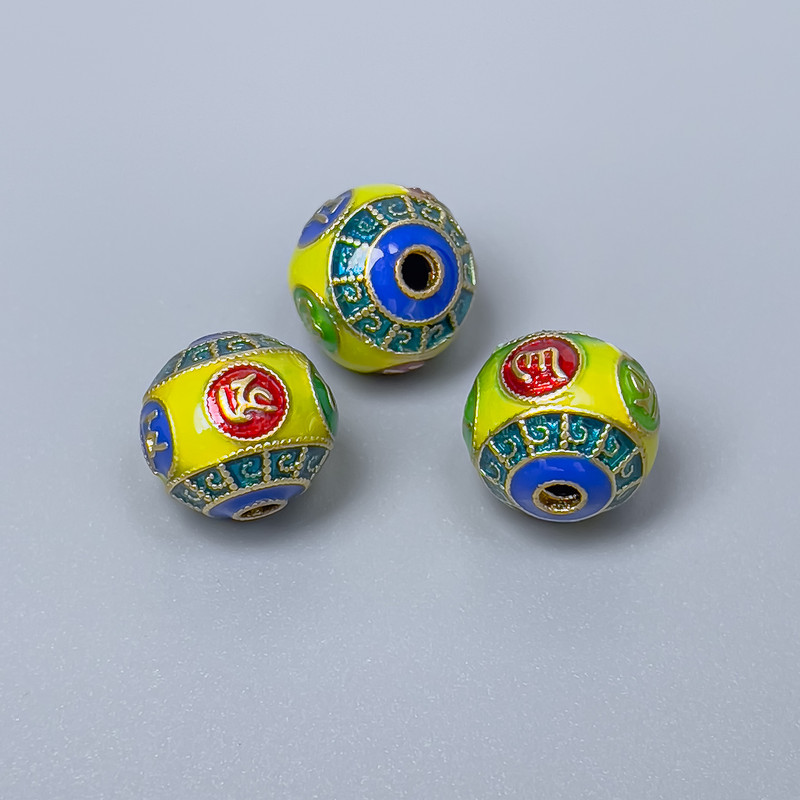 Finding Cloisonné bead yellow blue green red enamel, diameter 10x9mm +/- hole, diameter 2mm gold-coloured metal, 1 pc