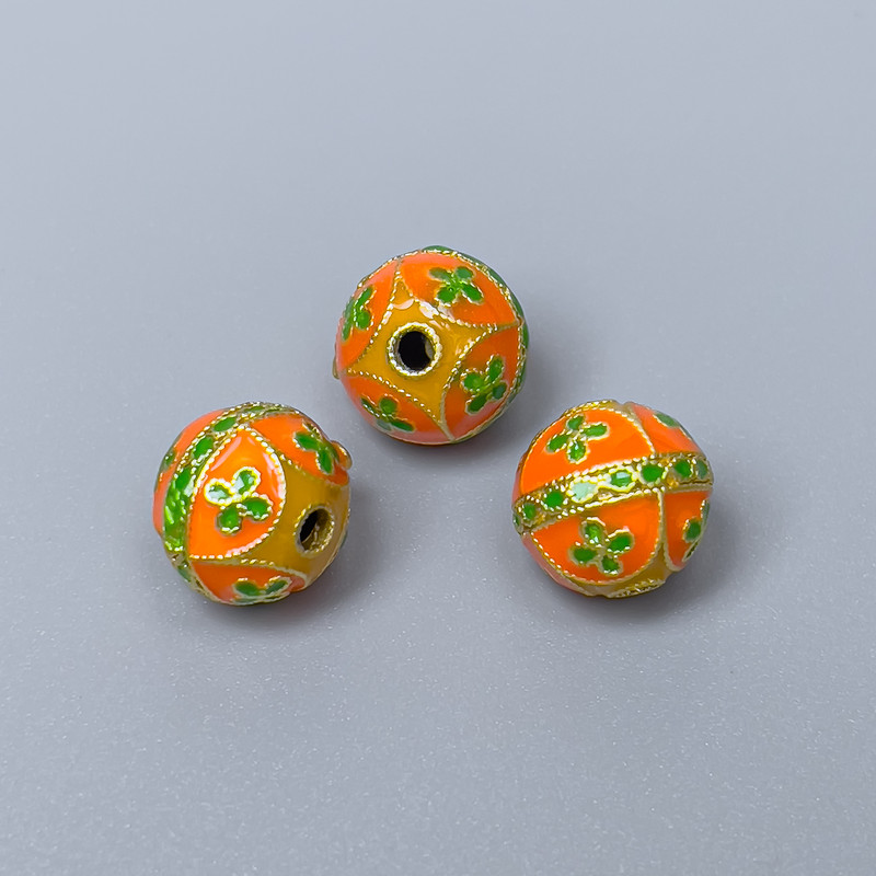 Cloisonné Bead Finding, Orange-Lime Green Enamel, Diameter 10mm +/- Hole Diameter 2mm, Gold-Coloured Metal, 1 pc