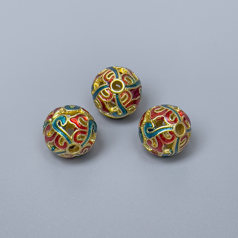 Cloisonné Bead Finding, Red Turquoise Enamel, 10mm+/- Diameter, 2mm Hole Diameter, Gold-Tone Metal Colour, 1pc