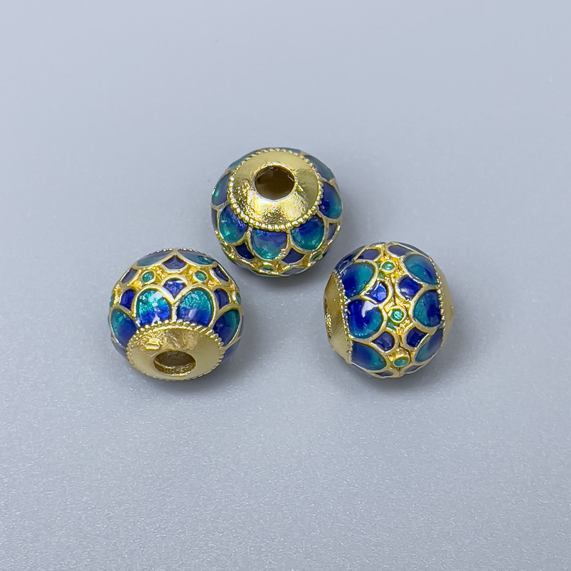 Cloisonné Bead Finding, Blue Turquoise Enamel, 10x9mm+/- Diameter, 3mm Hole Diameter, Gold-Tone Metal Colour, 1pc
