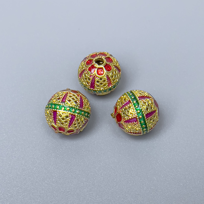 Cloisonné Bead Finding, Green Red Raspberry Enamel, Diameter 10mm+/- Hole Diameter 1.8mm, Gold-Colour Metal, 1 pc