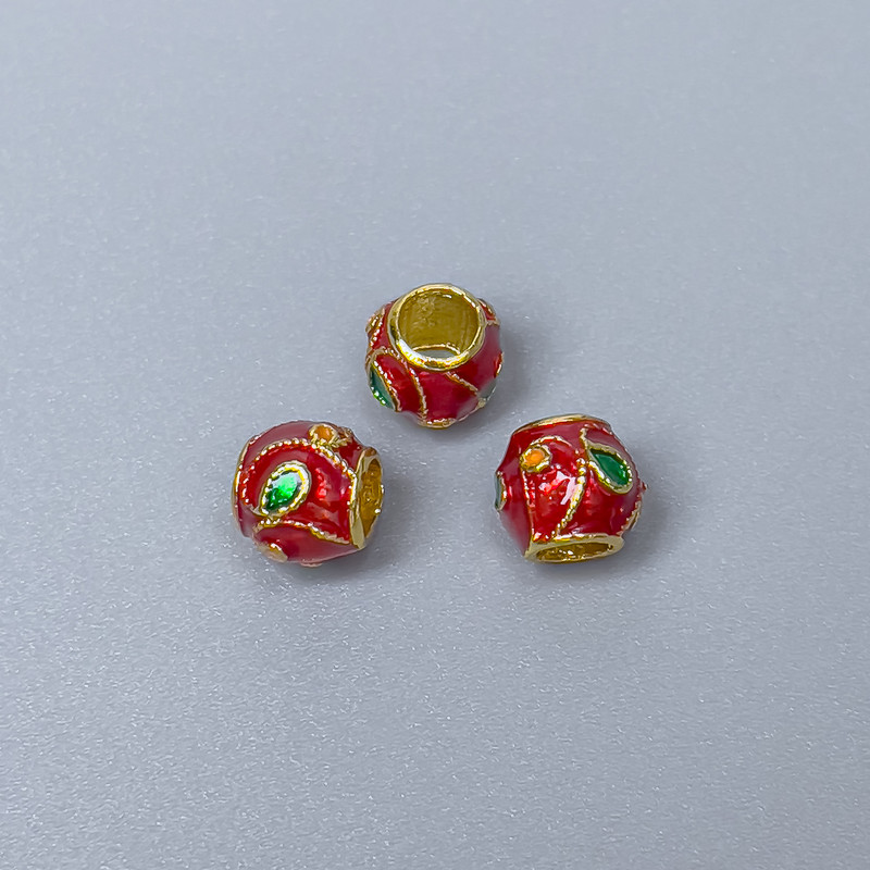 Cloisonné Bead Finding, Red Green Enamel, Diameter 7x7mm+- Hole, Diameter 3.8mm Gold-Tone Metal, 1 pc