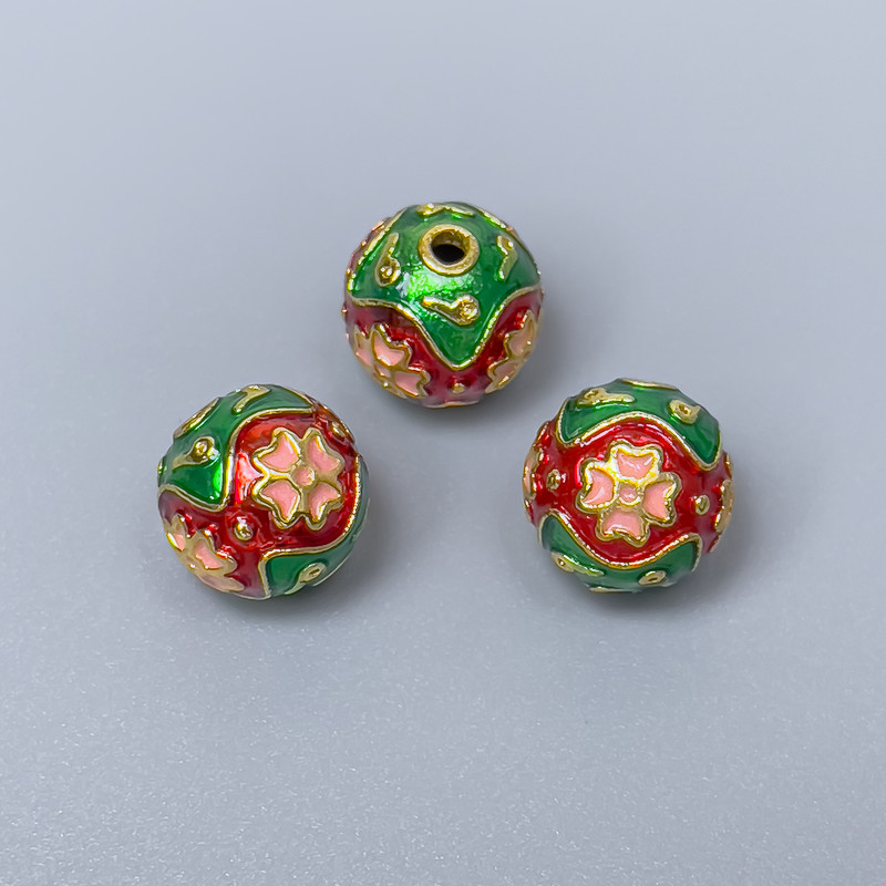 Cloisonné Bead Finding, Green Red Pink Enamel, 10mm+/- Diameter, 2mm Hole Diameter, Gold-Tone Metal Colour, 1pc